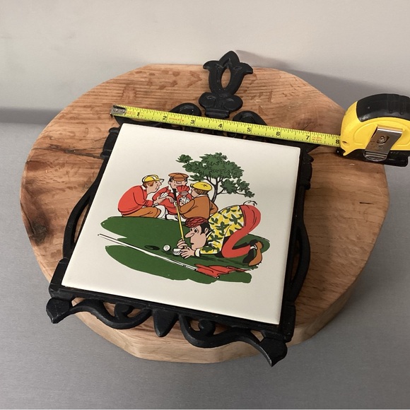 Vintage - Cast Iron and Ceramic Crafted Tile, Golf Themed, Trivet - Great Shape - Picture 8 of 10
